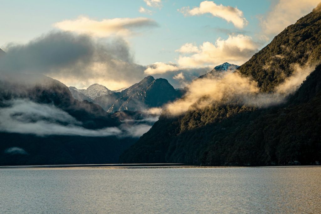 Doubtful Sound al amanecer en el Parque Nacional de Fiordland, Nueva Zelanda