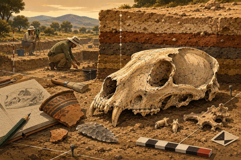 Ilustración vintage de cráneo de lince ibérico hallado en el yacimiento arqueológico de Muel Zaragoza
