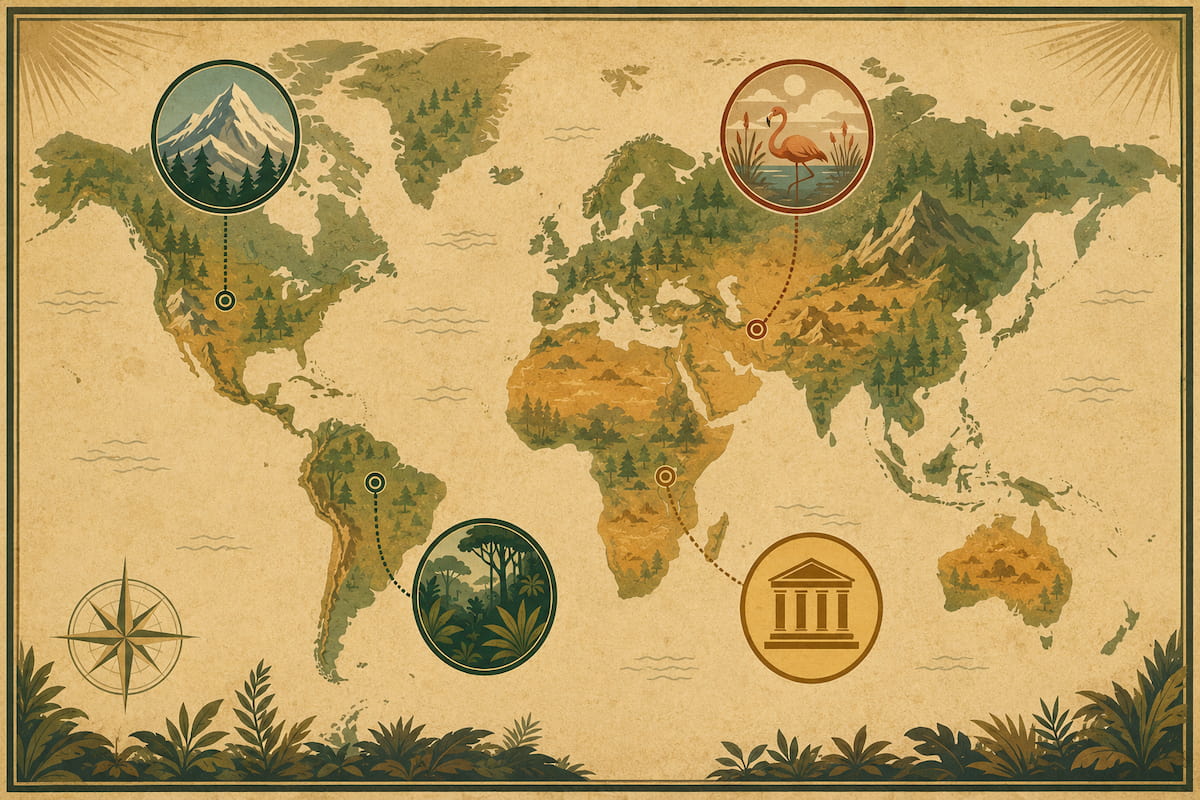 Ilustración vintage con mapa del mundo y símbolos de parques nacionales reservas naturales y patrimonio UNESCO