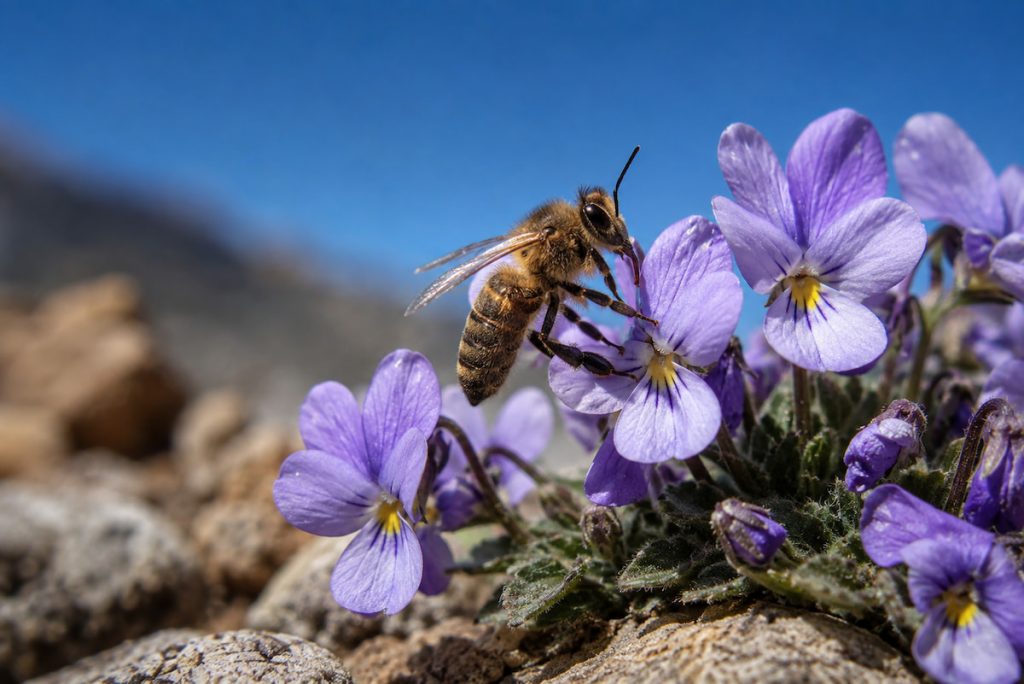 Abejorro del Teide polinizando una flor endémica en Las Cañadas