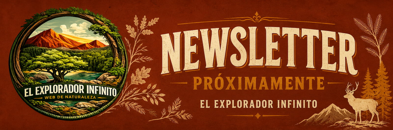 Banner newsletter próximamente El Explorador Infinito con logo y elementos naturales vintage fondo terracota