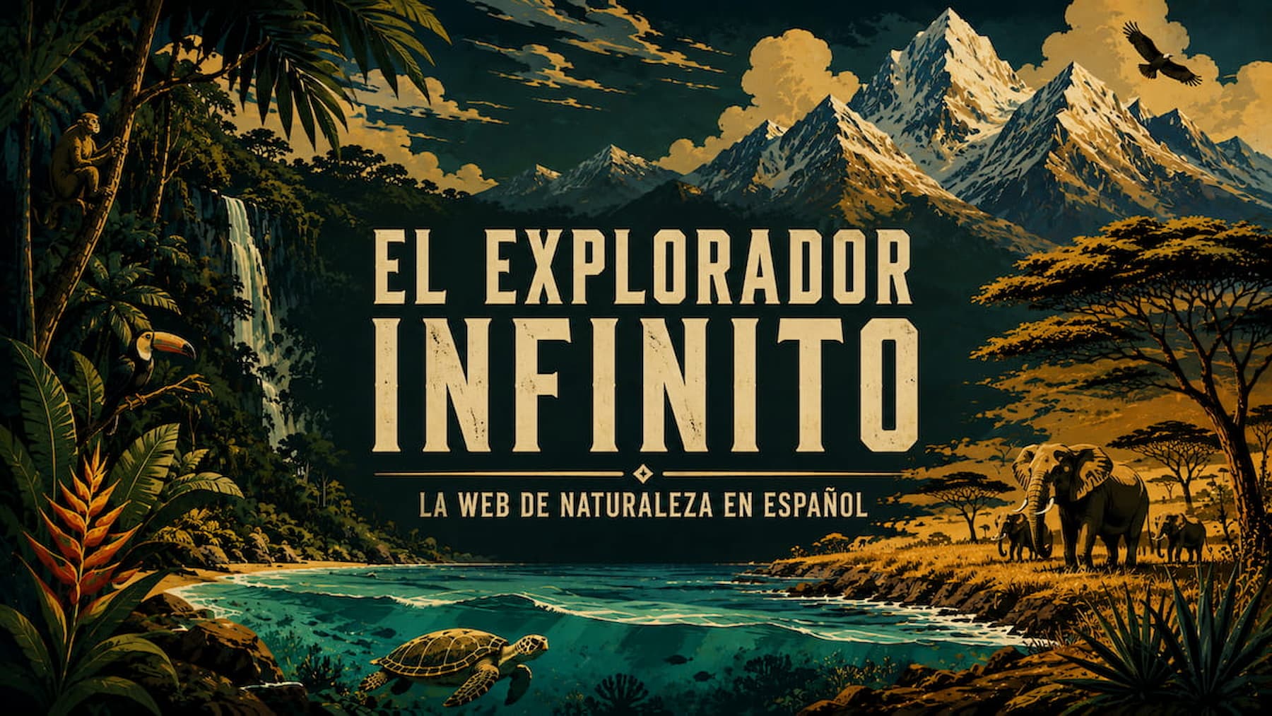 Ilustración vintage épica con montañas selva sabana y océano representando la naturaleza del planeta
