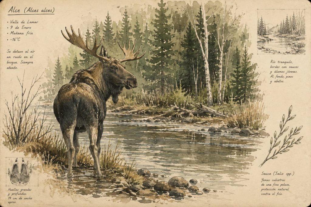 Ilustración de un alce vigilante junto a un río en Yellowstone