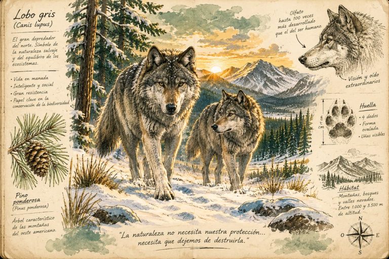 Ilustración de dos lobos caminando juntos por Yellowstone al amanecer