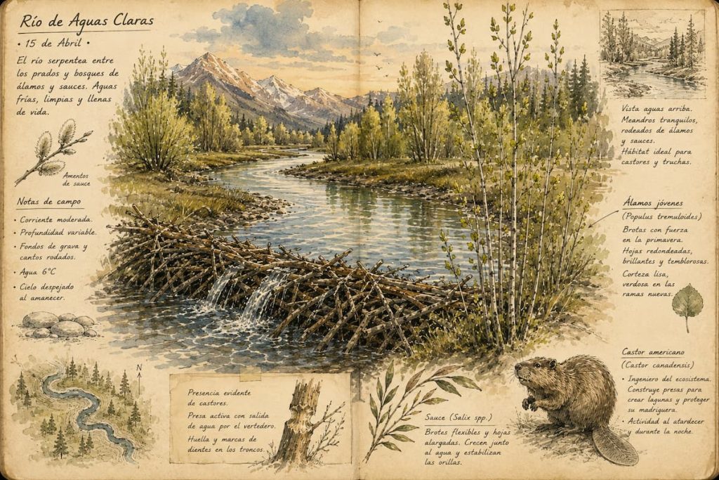 Ilustración de un río de Yellowstone con presa de castor y álamos jóvenes