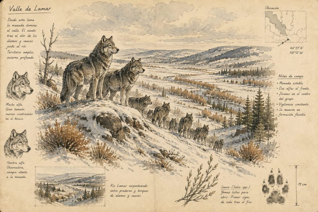 Ilustración de una gran manada de lobos en el valle de Lamar, Yellowstone