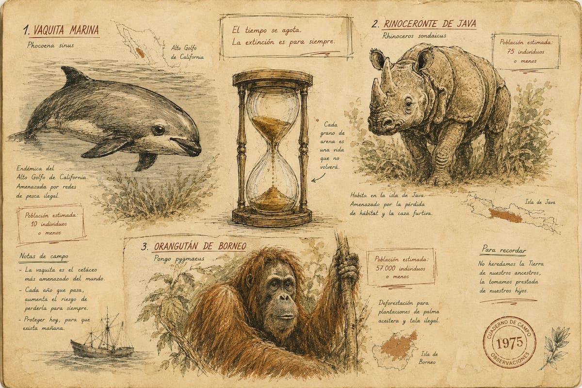 Ilustración de una vaquita marina, un rinoceronte de Java y un orangután junto a un reloj de arena
