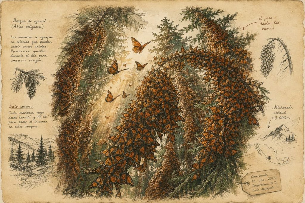 Ilustración de un bosque de oyamel con las ramas cubiertas de mariposas monarca