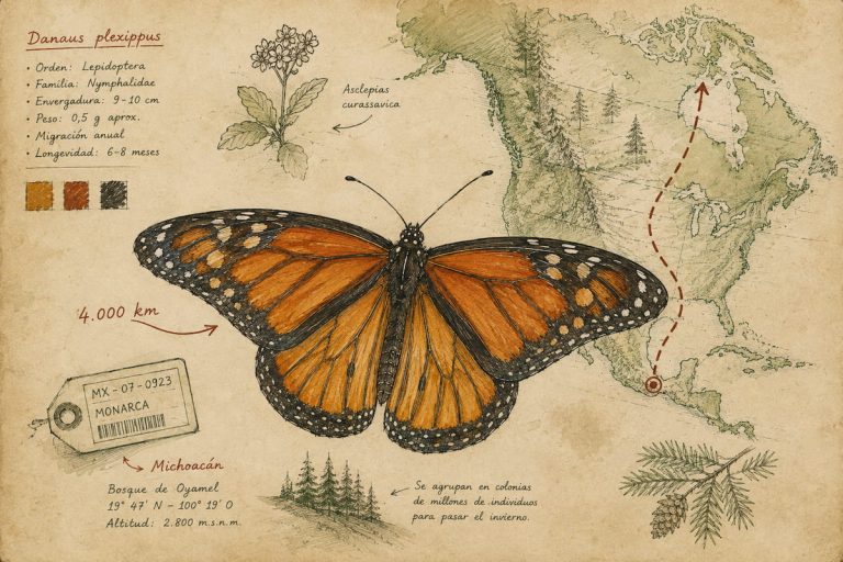 Ilustración de una mariposa monarca sobre un mapa de la ruta migratoria de América del Norte