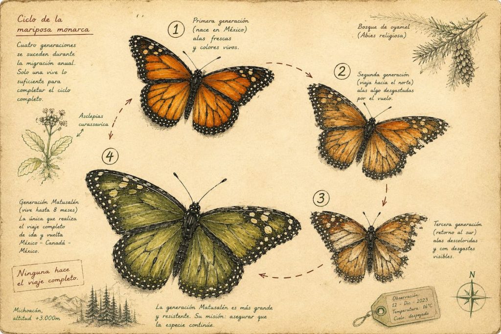 Ilustración esquemática de las cuatro generaciones de mariposa monarca en su migración