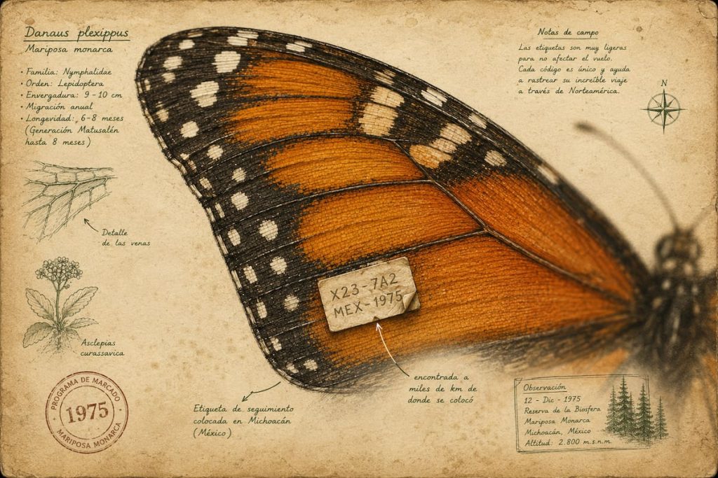Ilustración en primer plano de un ala de mariposa monarca con etiqueta de seguimiento científico
