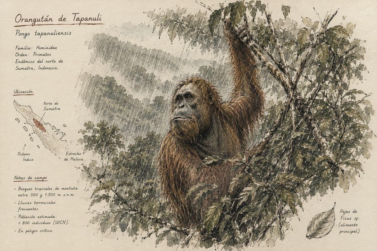 Ilustración de un orangután de Tapanuli en el bosque de Batang Toru bajo lluvia intensa
