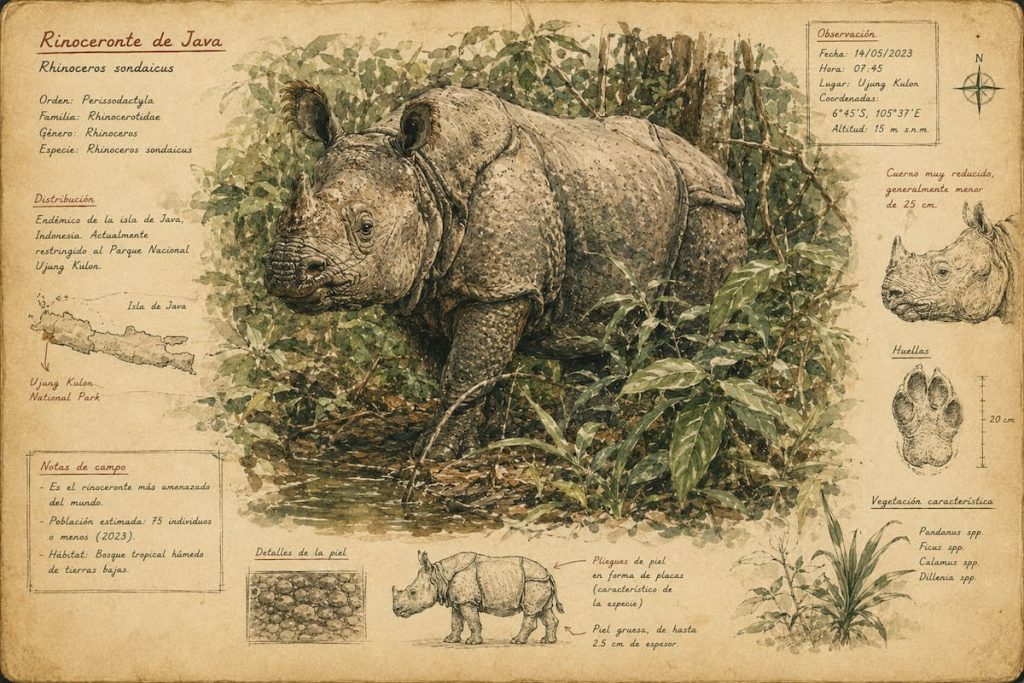 Ilustración de un rinoceronte de Java entre la vegetación del Parque Nacional de Ujung Kulon