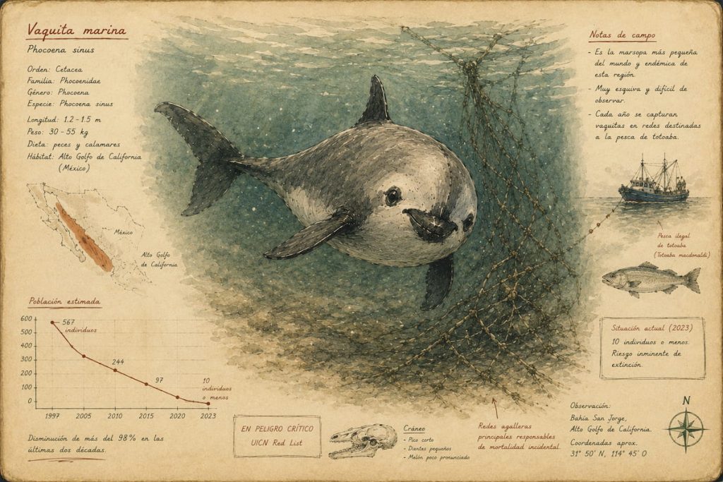 Ilustración de una vaquita marina nadando cerca de una red de pesca en el Golfo de California